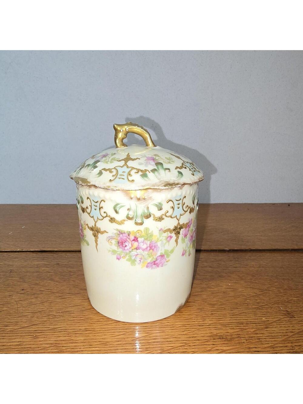 Antique Limoges Porcelain Condensed Milk Jar Holder Lid Pink Roses Gold Trim
